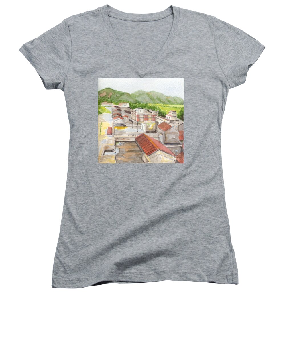 China Women's V-Neck featuring the painting Village by Lilibeth Andre