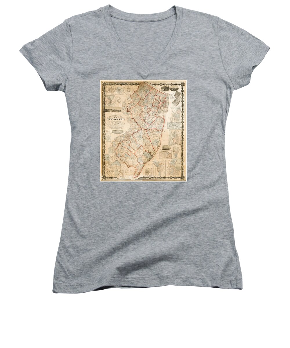 Vintage Women's V-Neck featuring the photograph Vintage 1860 Map of New Jersey by Bill Cannon