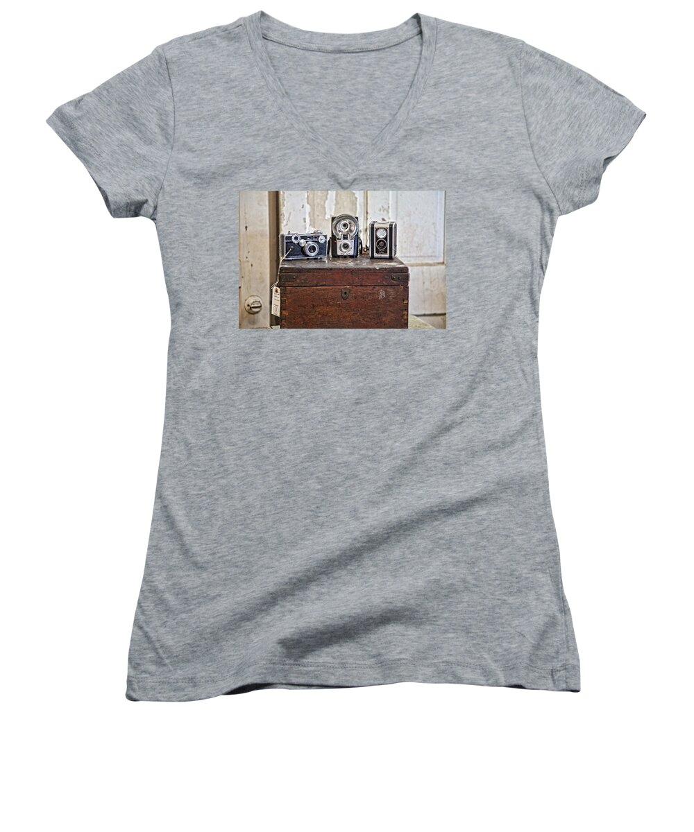 Cameras Women's V-Neck featuring the photograph Vintage Cameras at Warehouse 54 by Toni Hopper