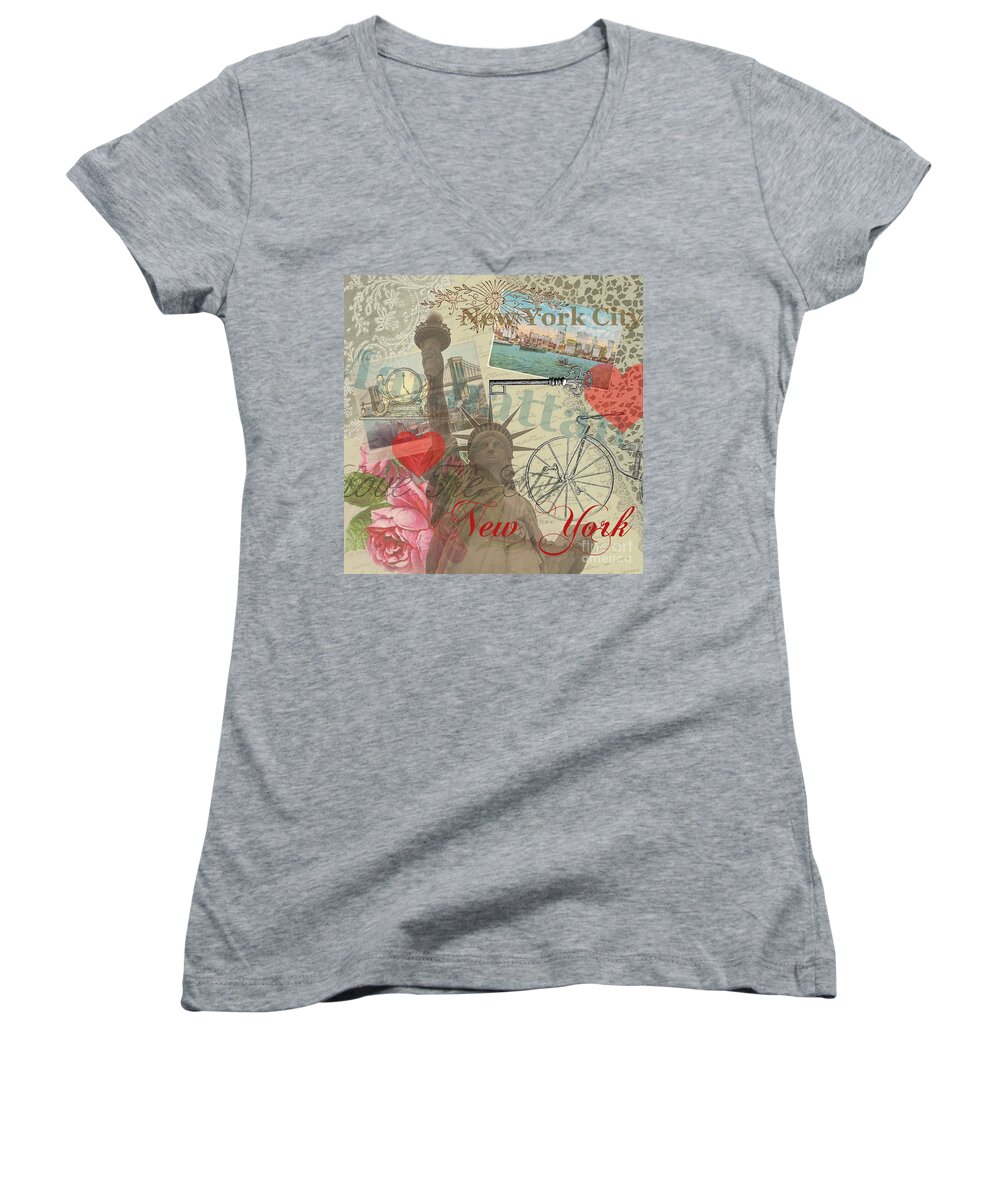 New York Women's V-Neck featuring the digital art Vintage New York City Collage by Mary Hubley