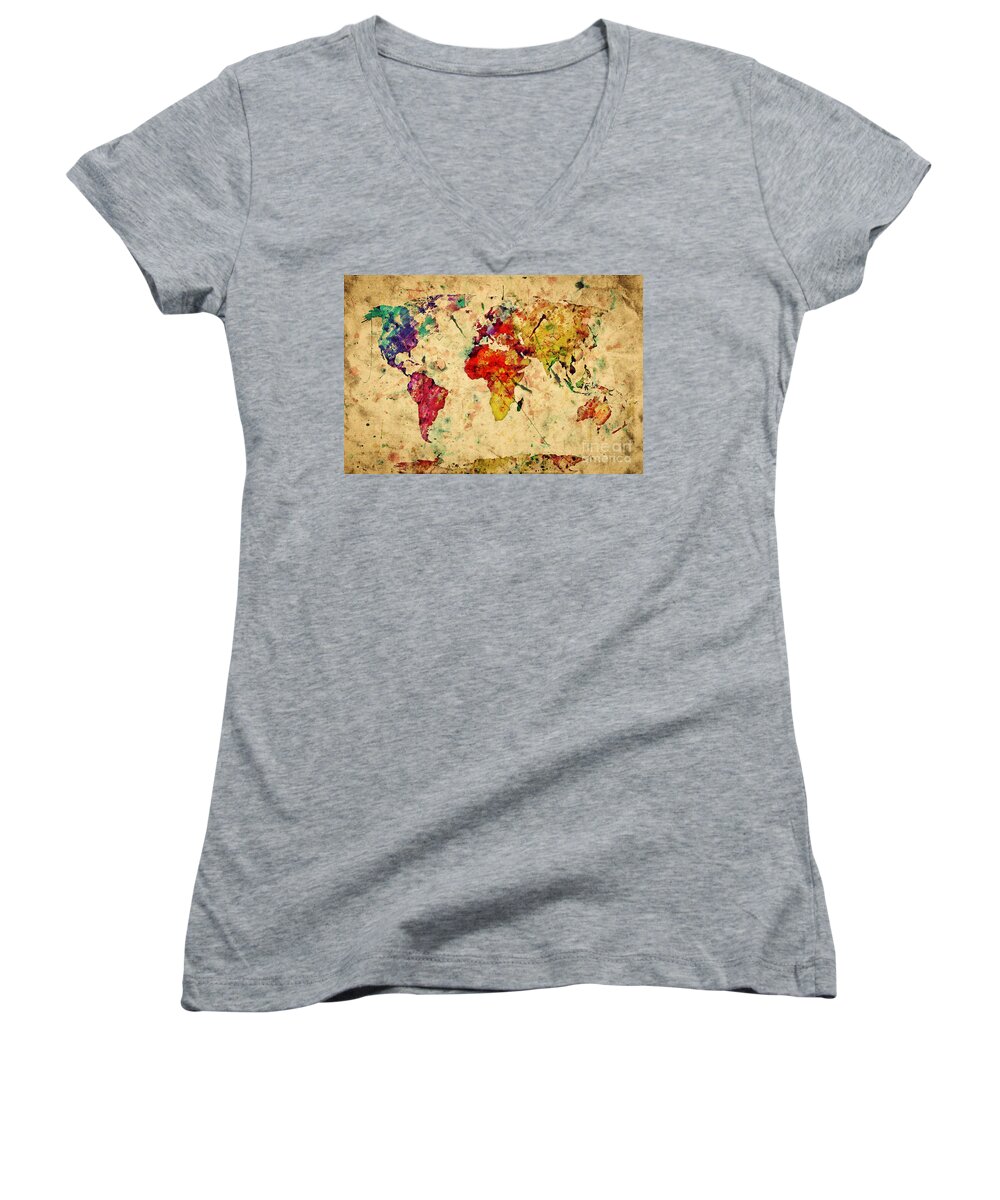 Map Women's V-Neck featuring the photograph Vintage world map by Michal Bednarek