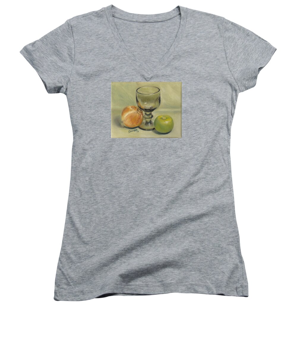 Retro Still Life Goblet Apple Onion Sage Green Women's V-Neck featuring the painting Waiting for Merlot by Brenda Salamone
