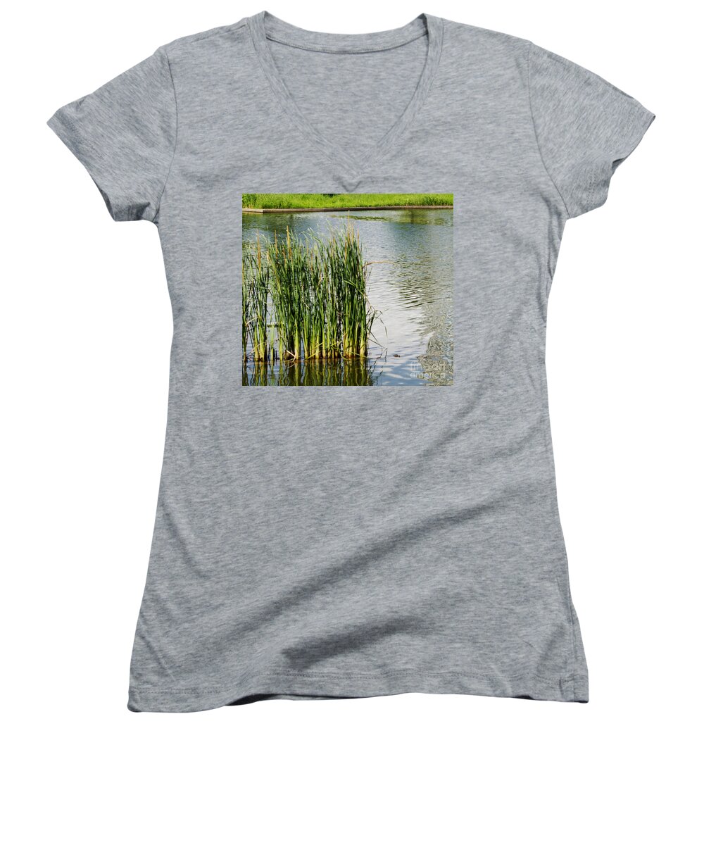 Austin Texas Women's V-Neck featuring the photograph Water Plants - Reed Reflections - Luther Fine Art by Luther Fine Art