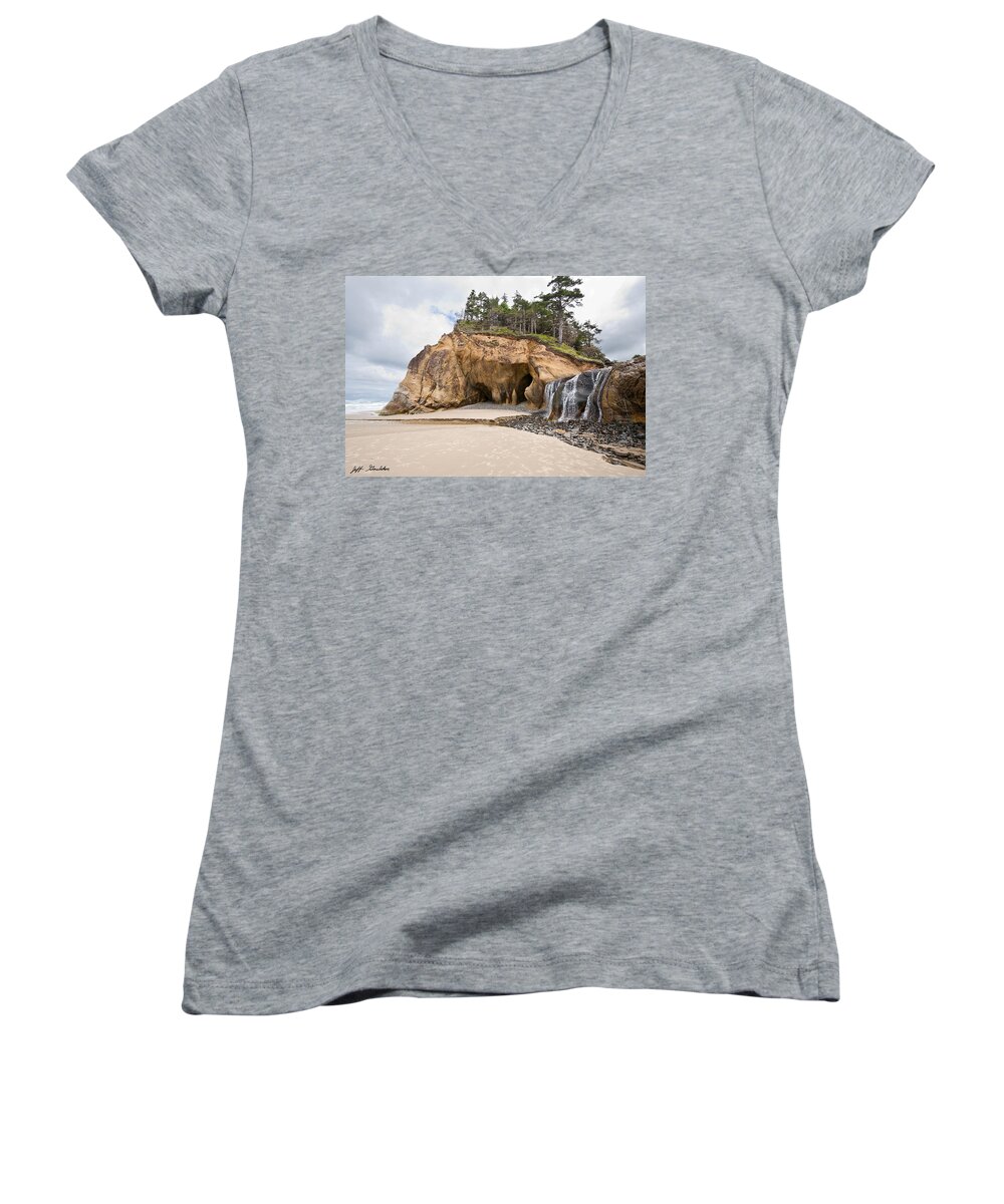 Beach Women's V-Neck featuring the photograph Waterfall Flowing into the Pacific Ocean by Jeff Goulden