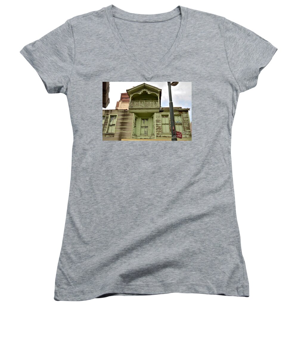 House Women's V-Neck featuring the photograph Weathered old green wooden house by Imran Ahmed