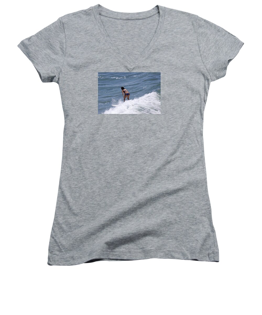 California Beach Women's V-Neck featuring the photograph West Coast Surfer Girl by Duncan Selby