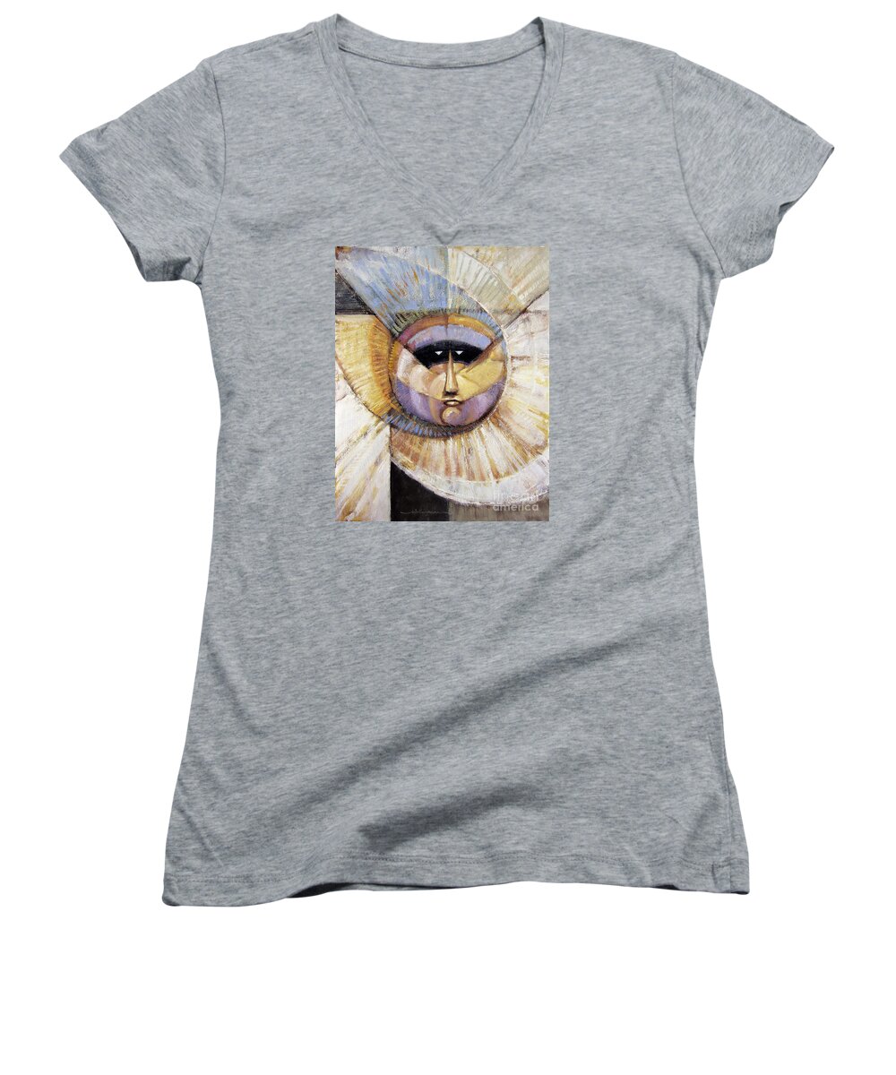 Mask Women's V-Neck featuring the painting Western Solarmask by Randy Wollenmann