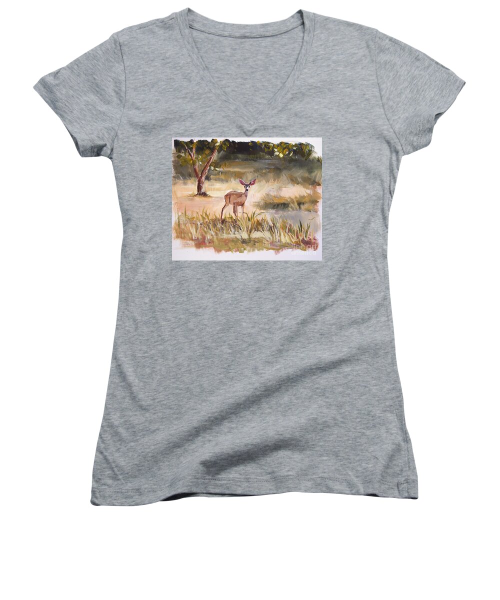 Nature Women's V-Neck featuring the painting Who's There by Jennifer Beaudet