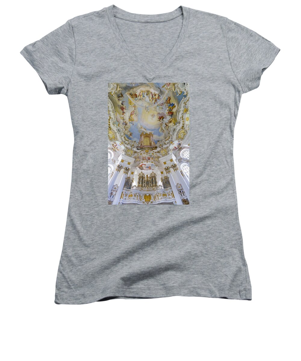 Organ And Ceiling Women's V-Neck featuring the photograph Wieskirche organ and ceiling by Jenny Setchell