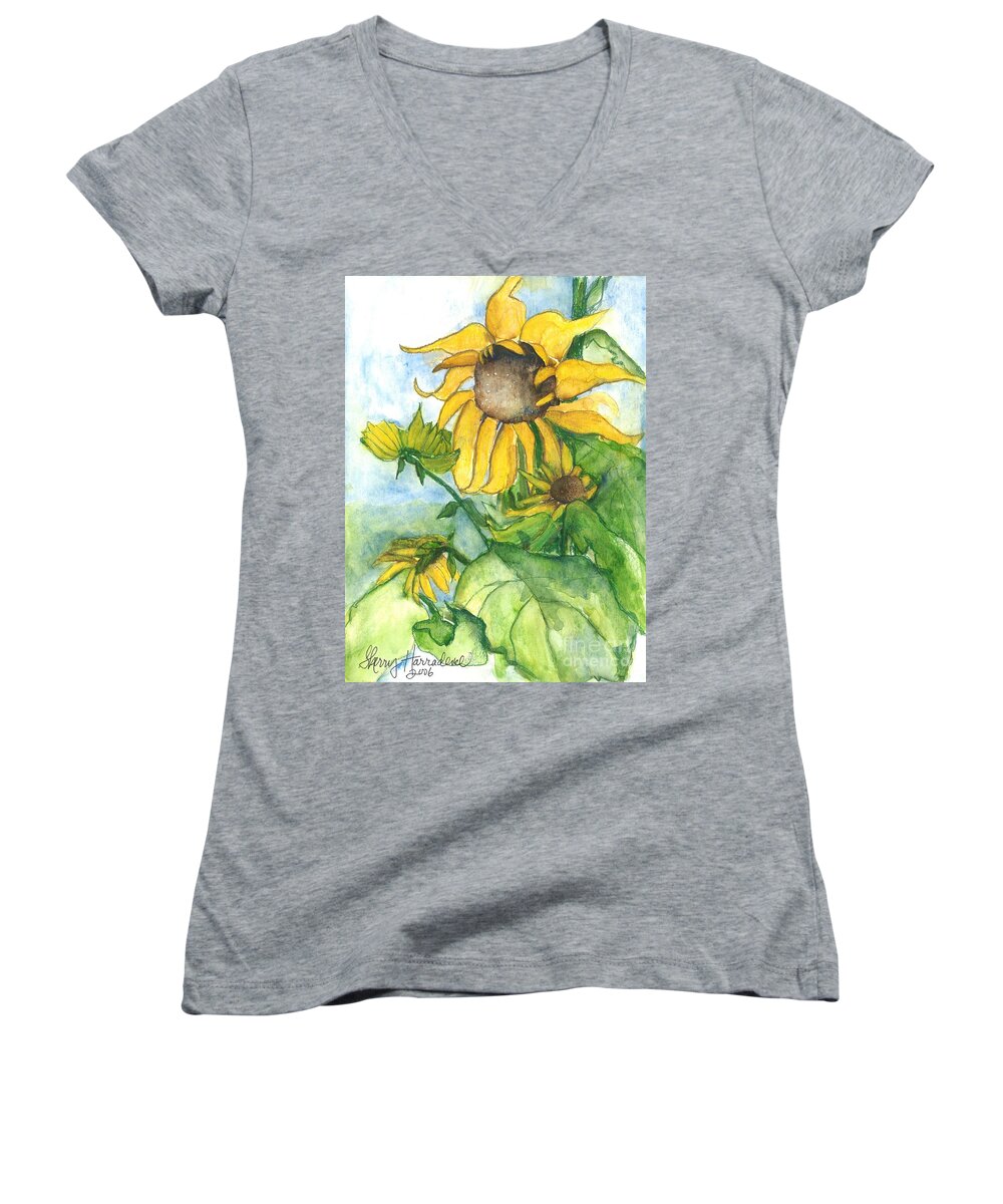 Orchards Women's V-Neck featuring the painting Wild Sunflowers by Sherry Harradence
