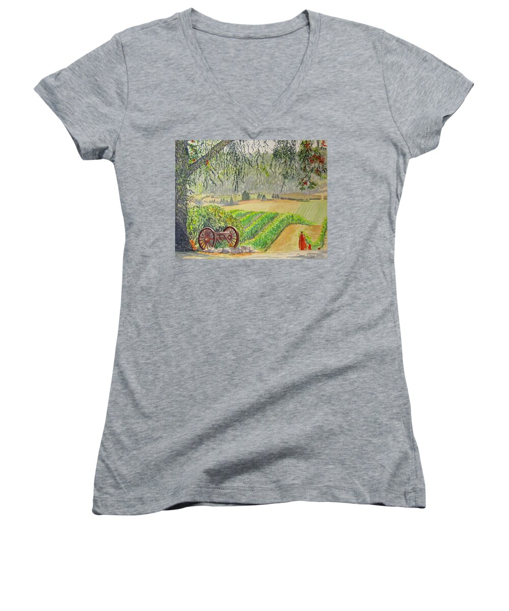 Winery Women's V-Neck featuring the painting Willamette Valley Winery by Carol Flagg