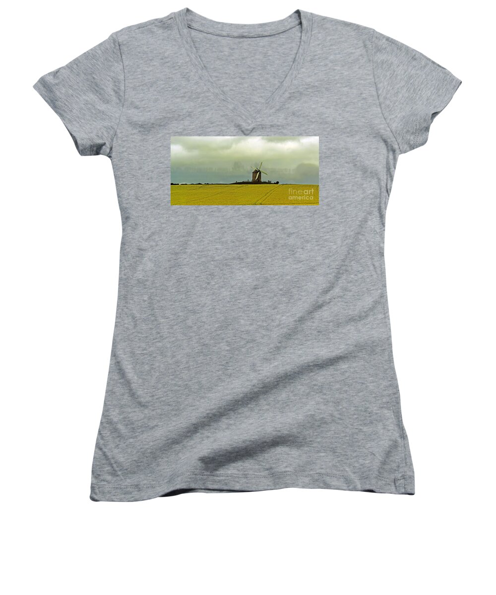 Travel Women's V-Neck featuring the photograph Windmill and Rapeseed and Storm by Elvis Vaughn