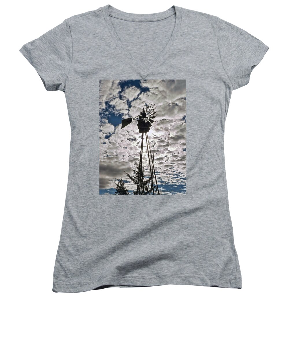 Windmill Women's V-Neck featuring the digital art Windmill in the clouds by Cathy Anderson