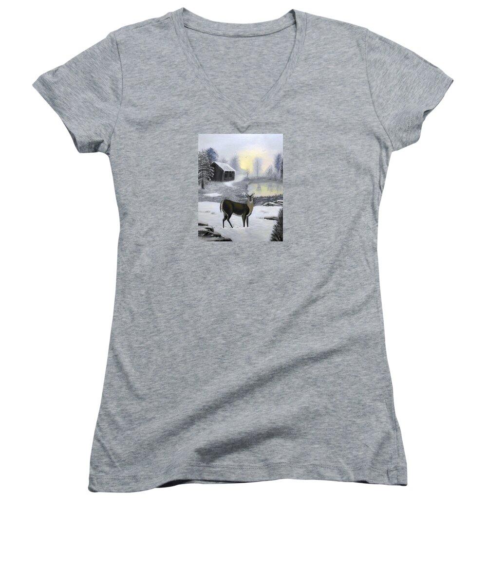 Deer Women's V-Neck featuring the painting Winter Doe by Sheri Keith