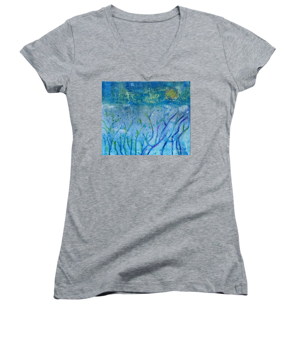 Blue Women's V-Neck featuring the painting Winter Forest in Moonlight by Desiree Paquette