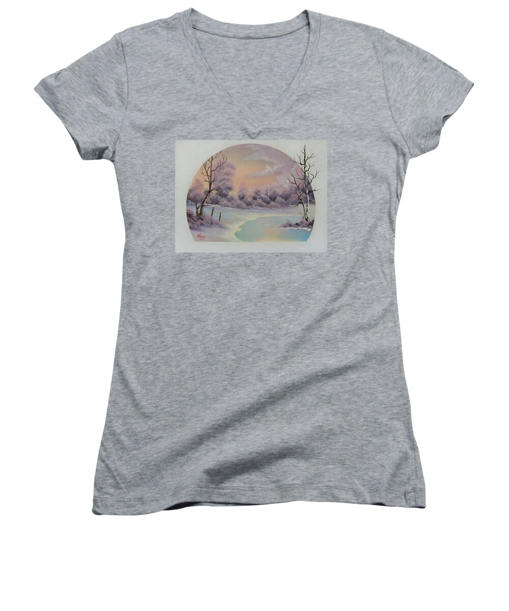 Landscape Women's V-Neck featuring the painting December Frost by Chris Steele