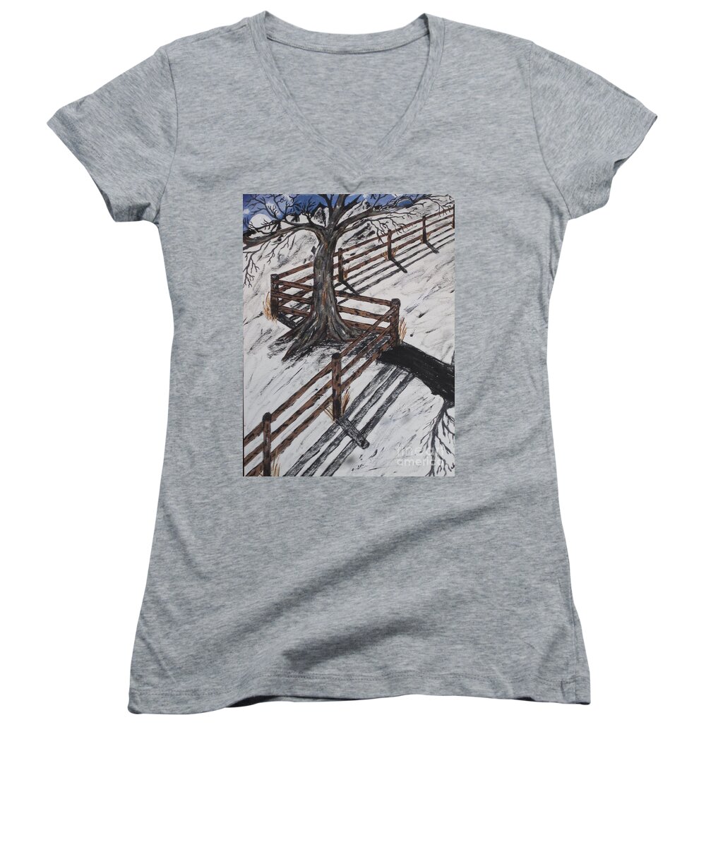  Women's V-Neck featuring the painting Winter Moon Shadow by Jeffrey Koss