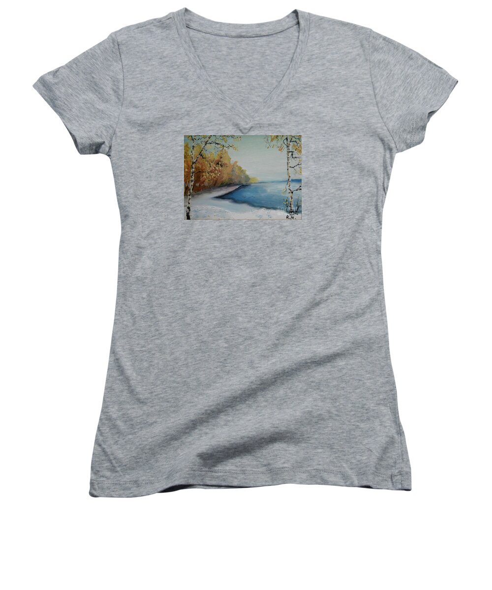 Raija Merila Women's V-Neck featuring the painting Winter Starts At Kymi River by Raija Merila