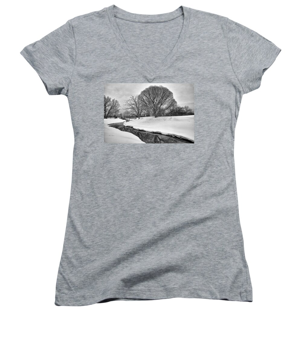 Tree Women's V-Neck featuring the photograph Winter Stream by Eunice Gibb
