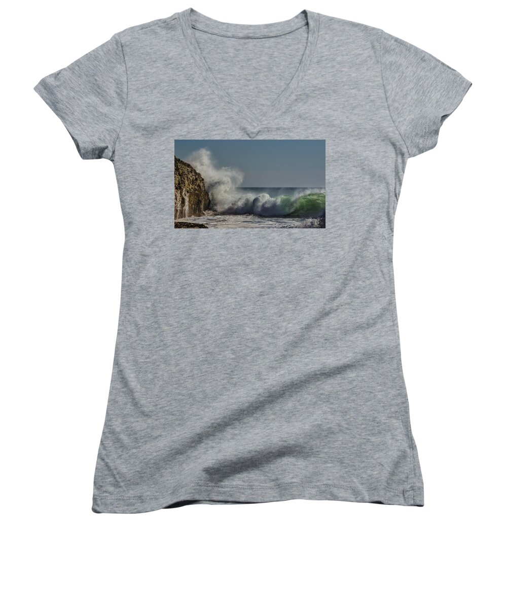 Waves Women's V-Neck featuring the photograph Winter Waves by Linda Villers