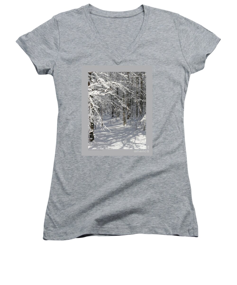 Winter Women's V-Neck featuring the photograph Wintery Woodland Shadows by Patricia Overmoyer