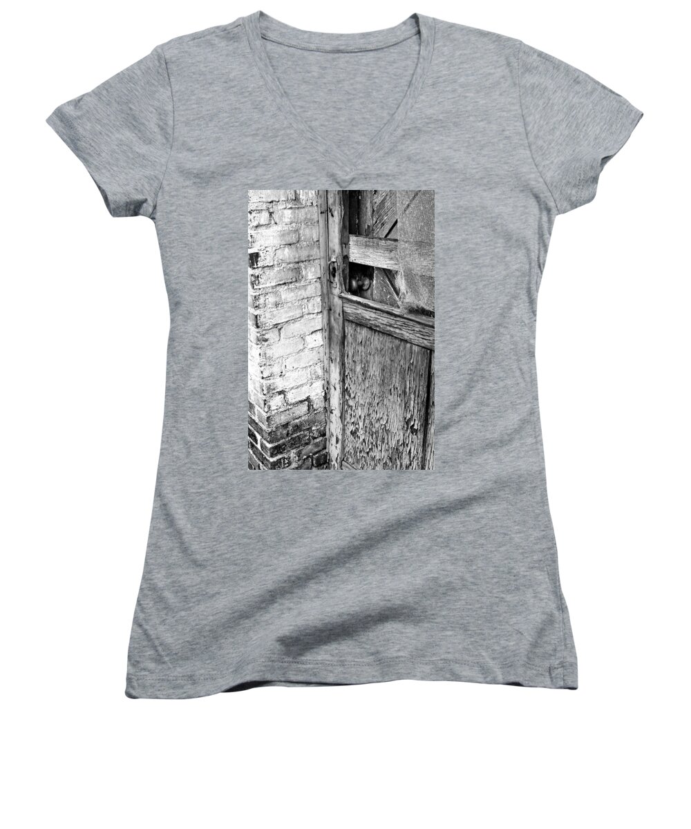 Architecture Women's V-Neck featuring the photograph Withering in time wood and mortar by Denise Dube