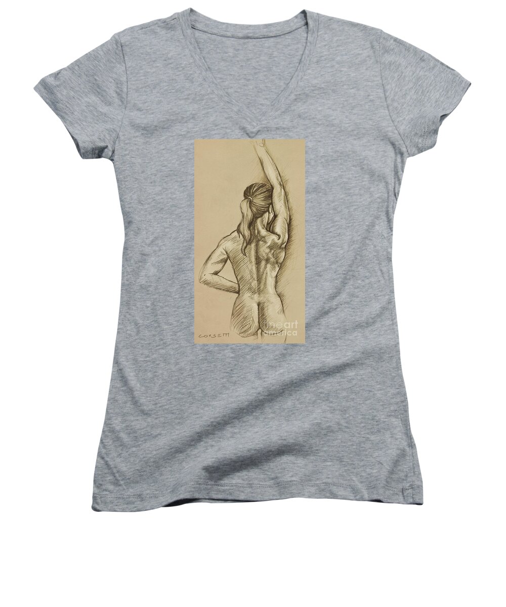 Woman Women's V-Neck featuring the drawing Woman Sketch by Robert Corsetti