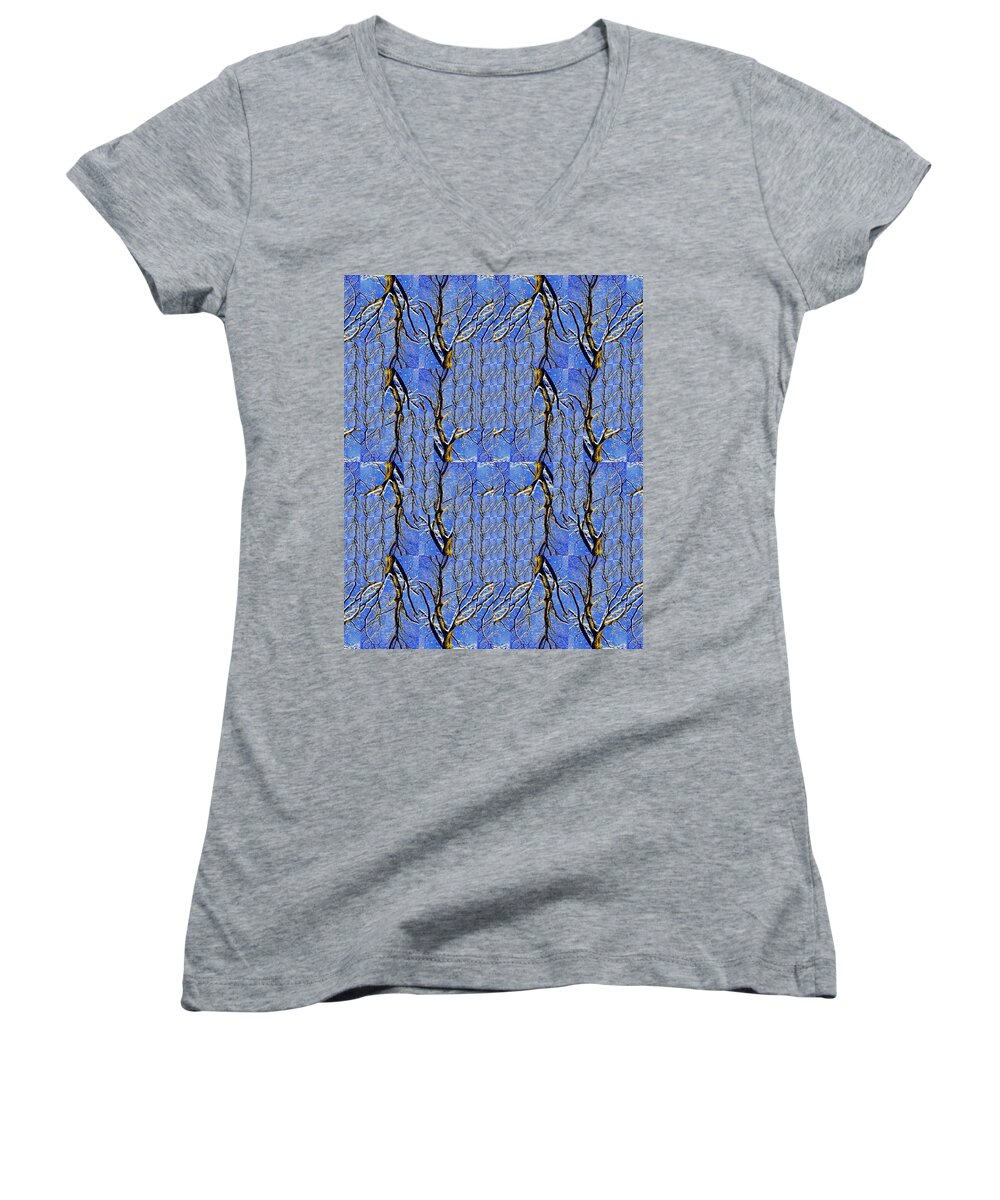 Tree Women's V-Neck featuring the photograph Woven Tree in Blue and Gold by Jodie Marie Anne Richardson Traugott     aka jm-ART