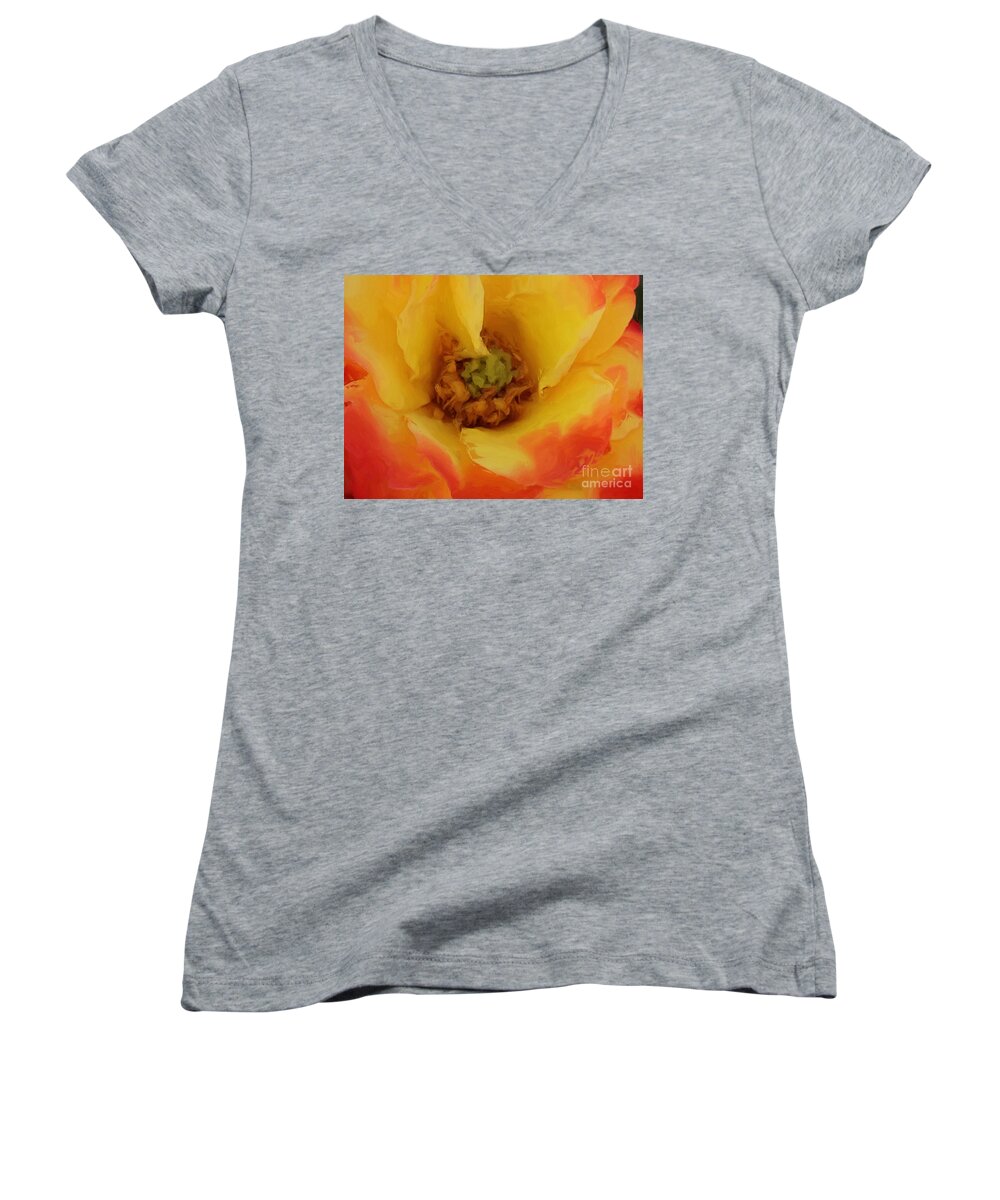 Yellow Women's V-Neck featuring the painting Yellow and Orange Rose by Jacklyn Duryea Fraizer