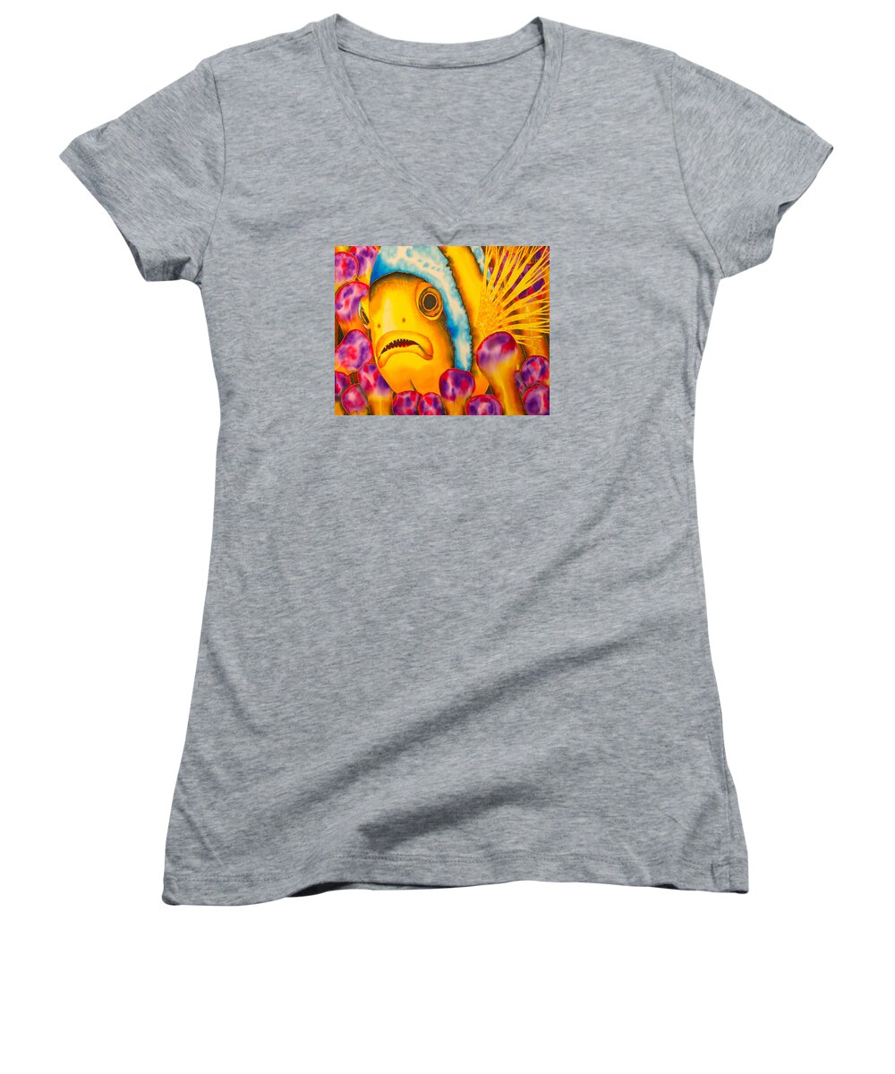Fish Art Women's V-Neck featuring the painting Yellow Clownfish by Daniel Jean-Baptiste