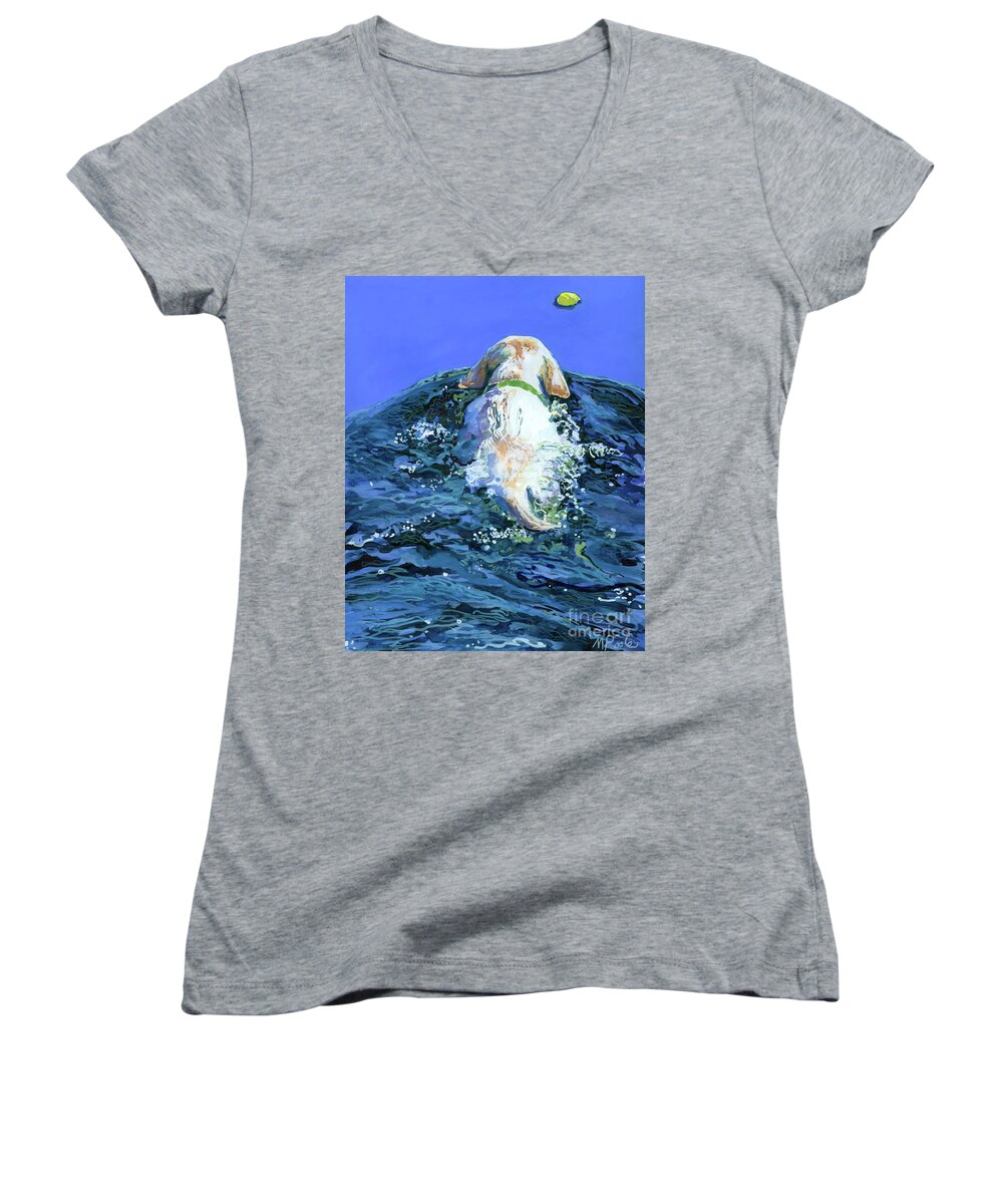 Yellow Labrador Retriever Women's V-Neck featuring the painting Yellow Lab Blue Wake by Molly Poole