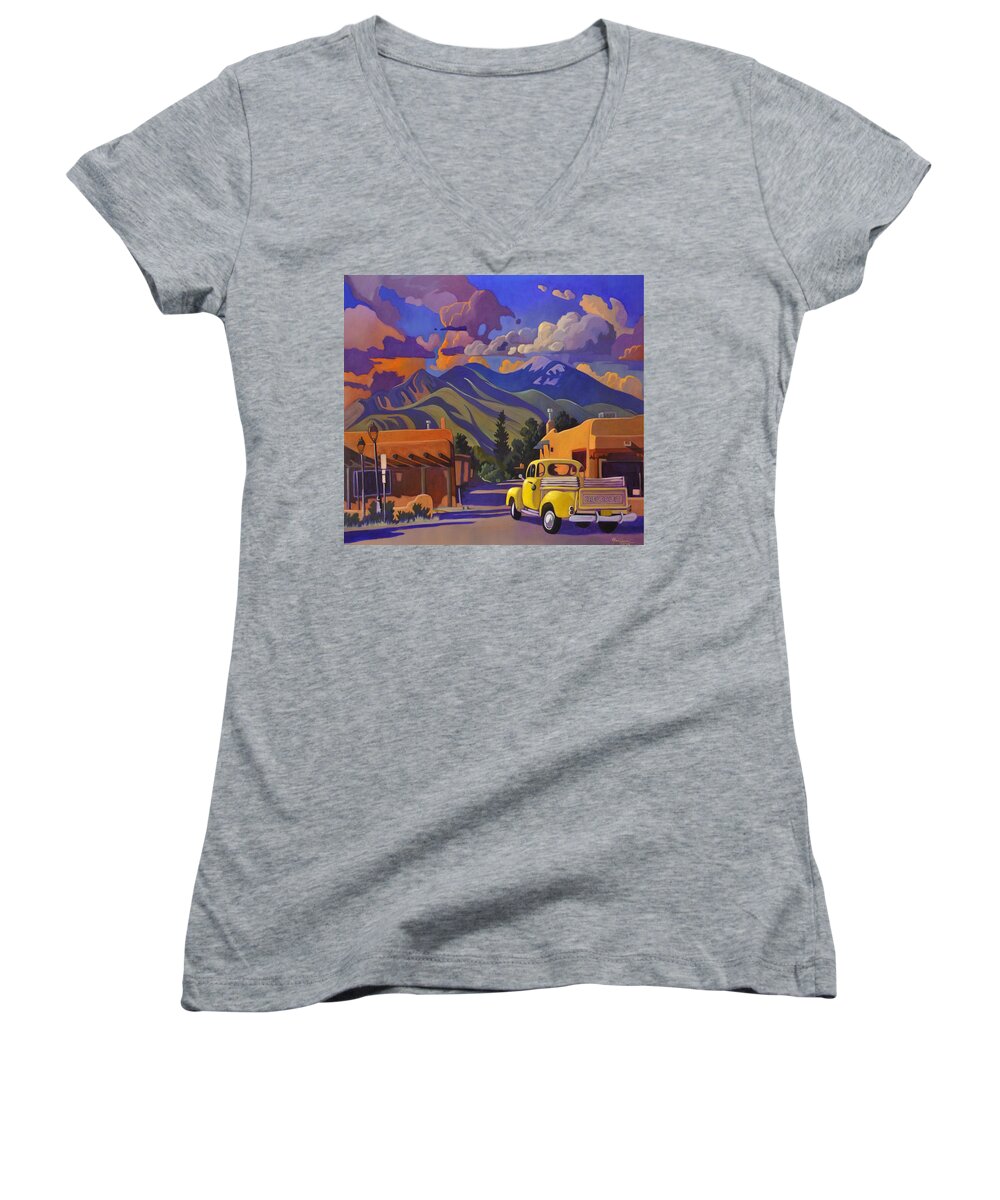 Taos Women's V-Neck featuring the painting A Yellow Truck in Taos by Art West