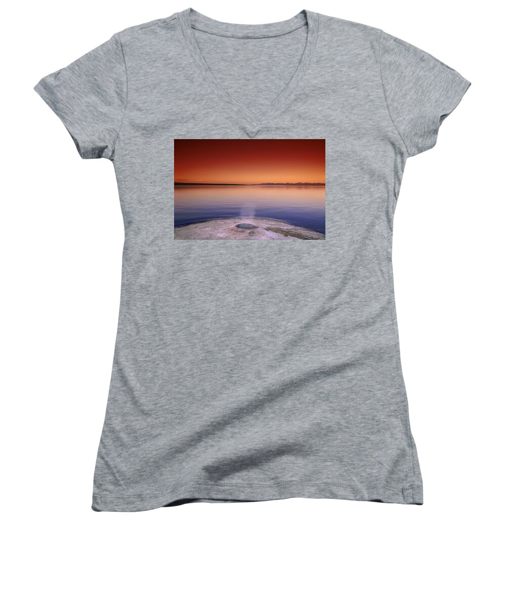 Yellowstone Women's V-Neck featuring the photograph Yellowstone Lake and Geyser by Rich Franco