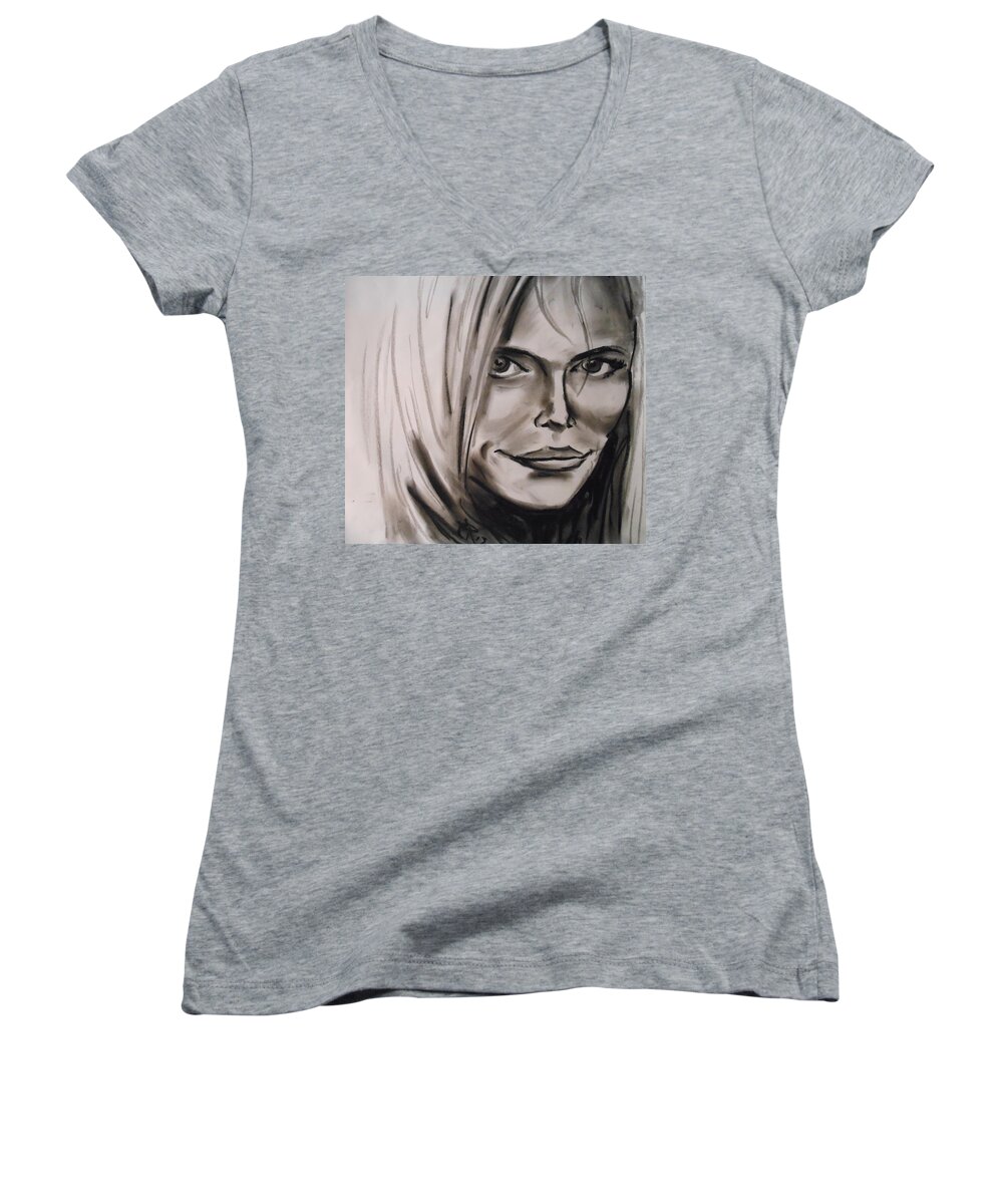 Girl Women's V-Neck featuring the drawing Yes by Jason Reinhardt