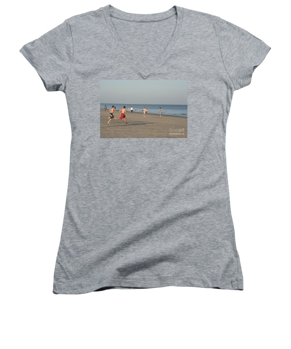 Barony Beach Club Women's V-Neck featuring the photograph Youth Playing on the Beach at Hilton Head South Carolina by Thomas Marchessault