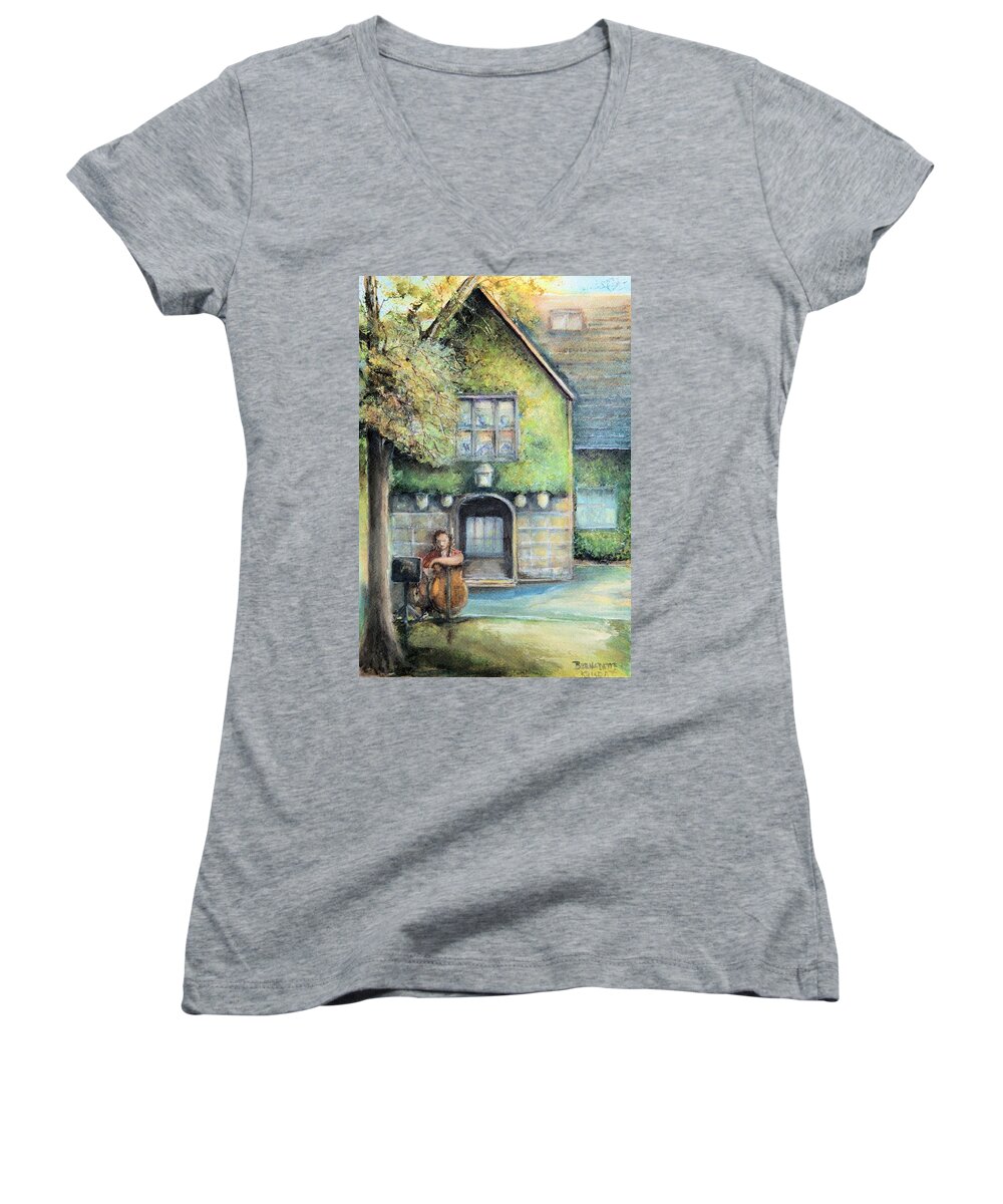Bass Fiddler Historic Home Women's V-Neck featuring the painting Bass Fiddle at Ford Gala I by Bernadette Krupa