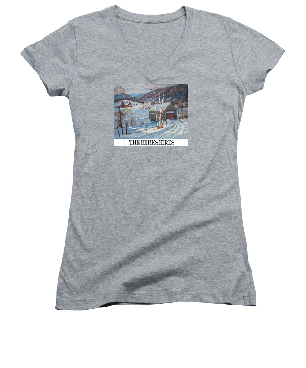 Covered Bridge. The Berkshires. Winter Women's V-Neck featuring the painting the Berkshires #2 by Len Stomski