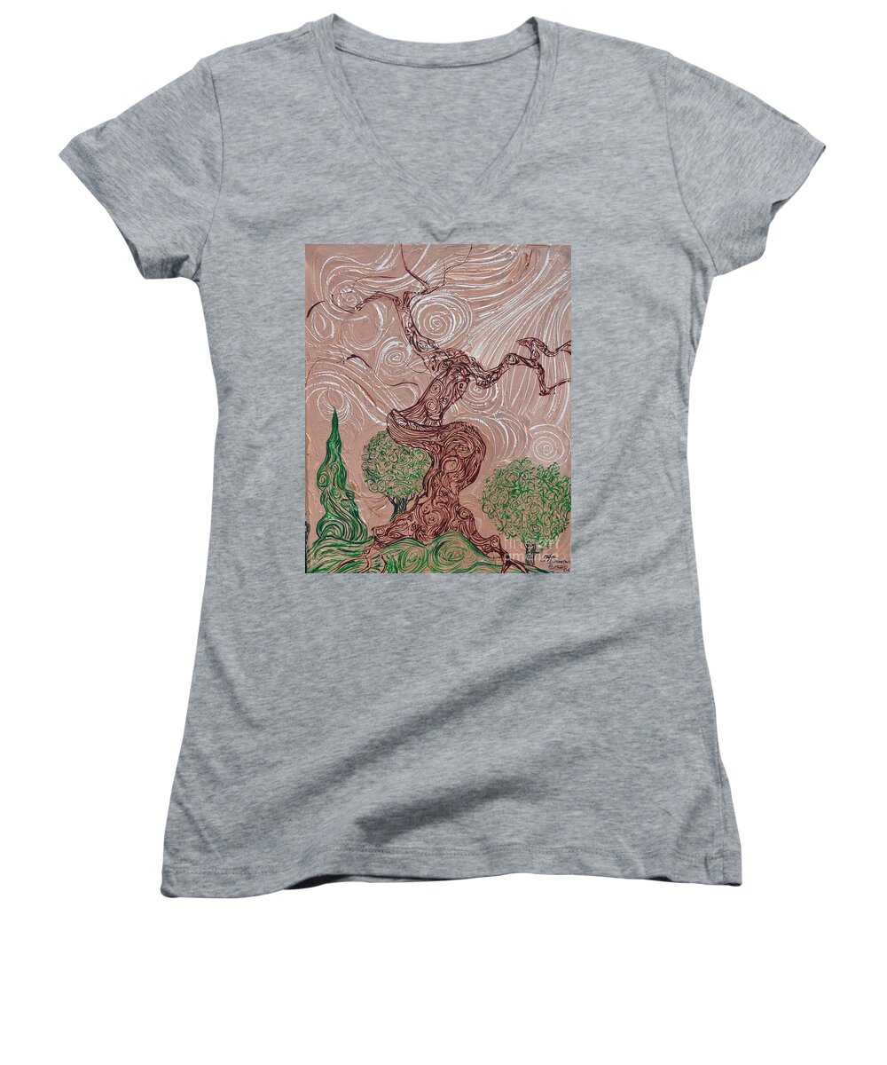 Tree Women's V-Neck featuring the painting The Earthen Tree #1 by Stefan Duncan