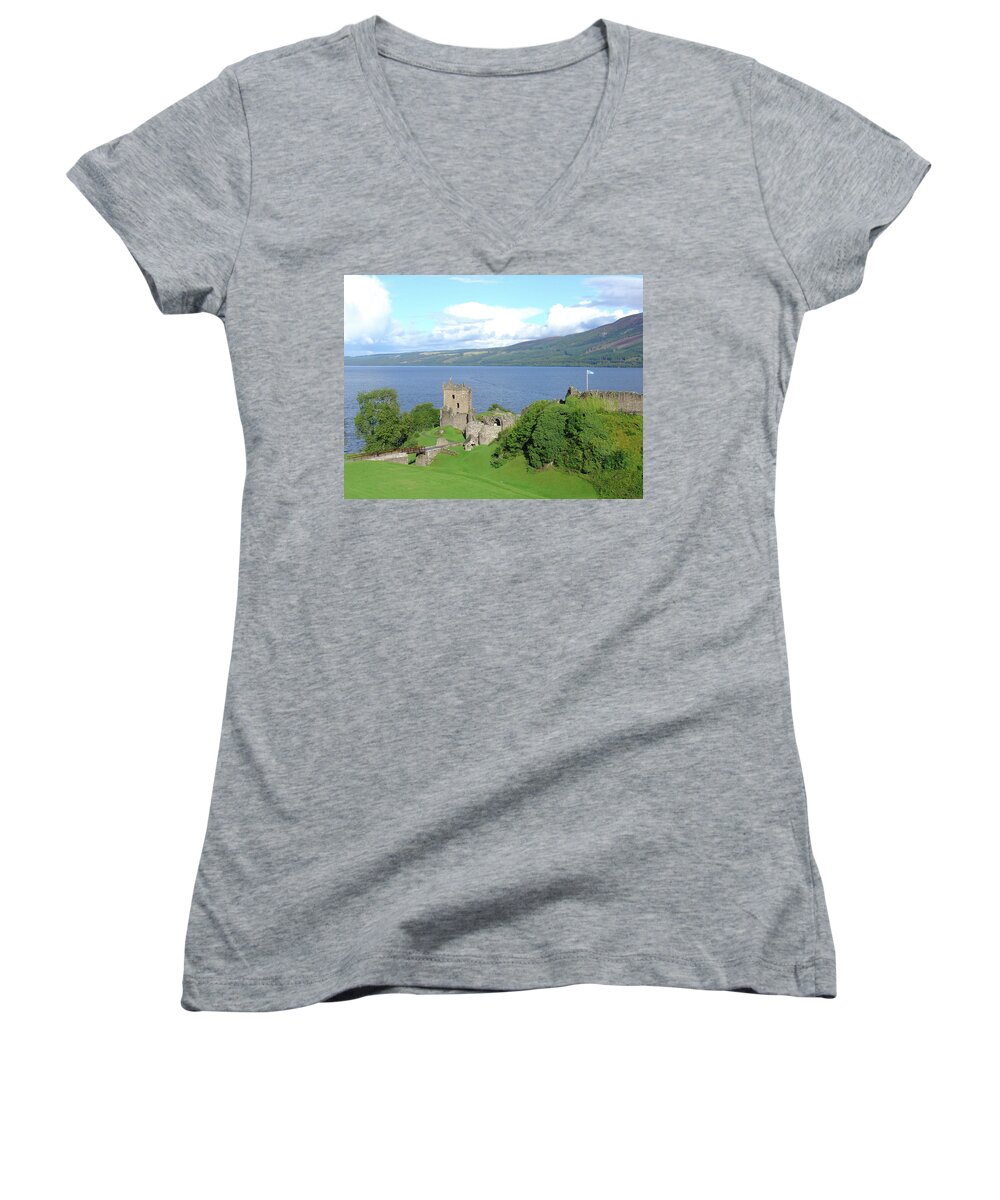 Loch Women's V-Neck featuring the photograph Urquhart Castle by Charles and Melisa Morrison