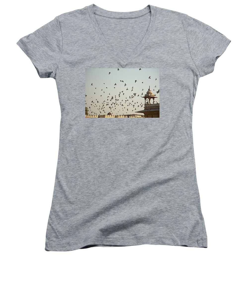 Pigeons Women's V-Neck featuring the photograph A flock of pigeons crowding one of the structures on top of the Red Fort by Ashish Agarwal