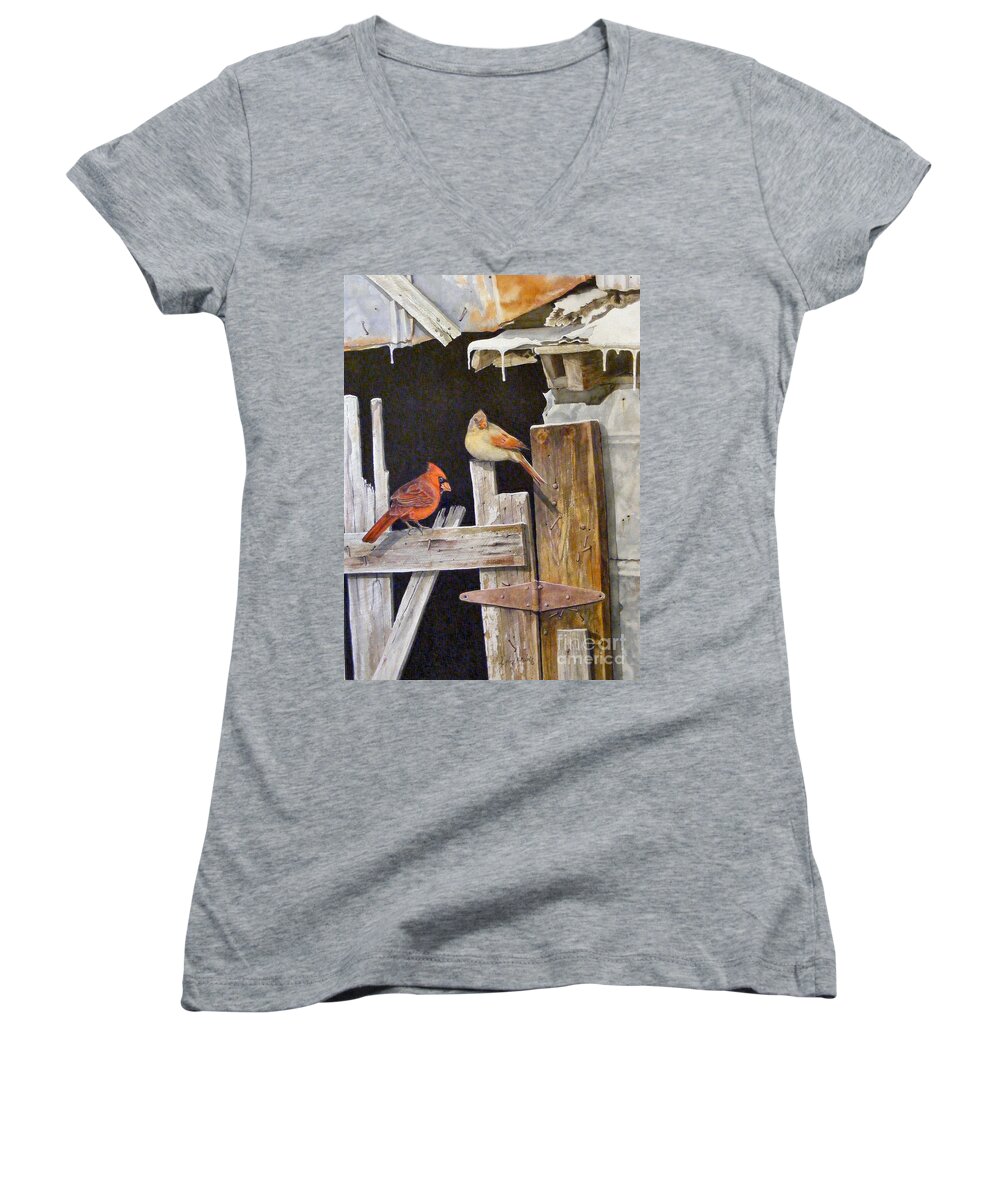 Watercolor. Relistic Women's V-Neck featuring the painting A visit to daddy's barn SOLD by Sandy Brindle