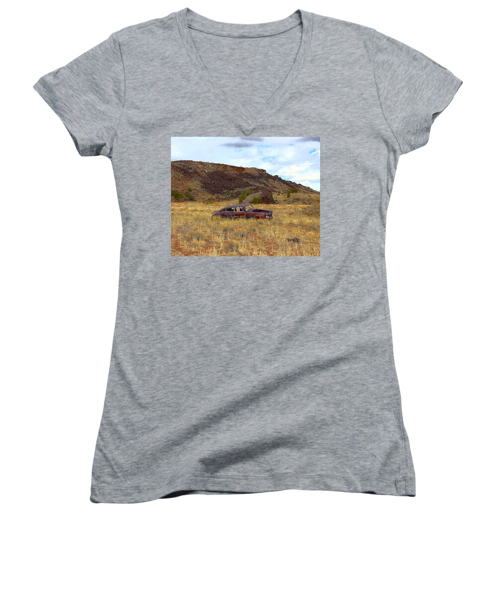 Old Car Women's V-Neck featuring the photograph Abandoned Car by Steve McKinzie
