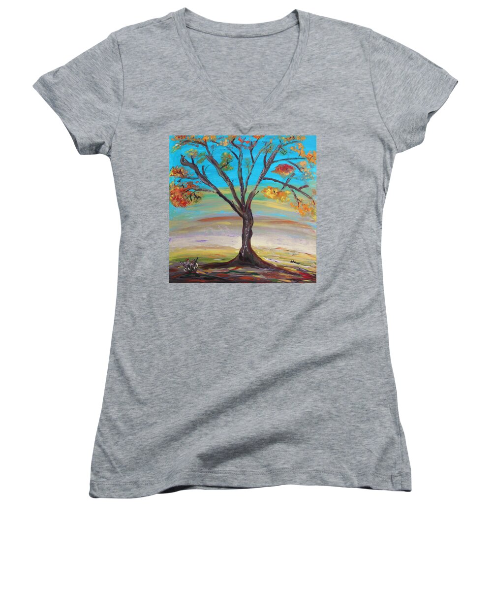Large Work On Paper Women's V-Neck featuring the painting An Autumn Locust Tree by Mary Carol Williams