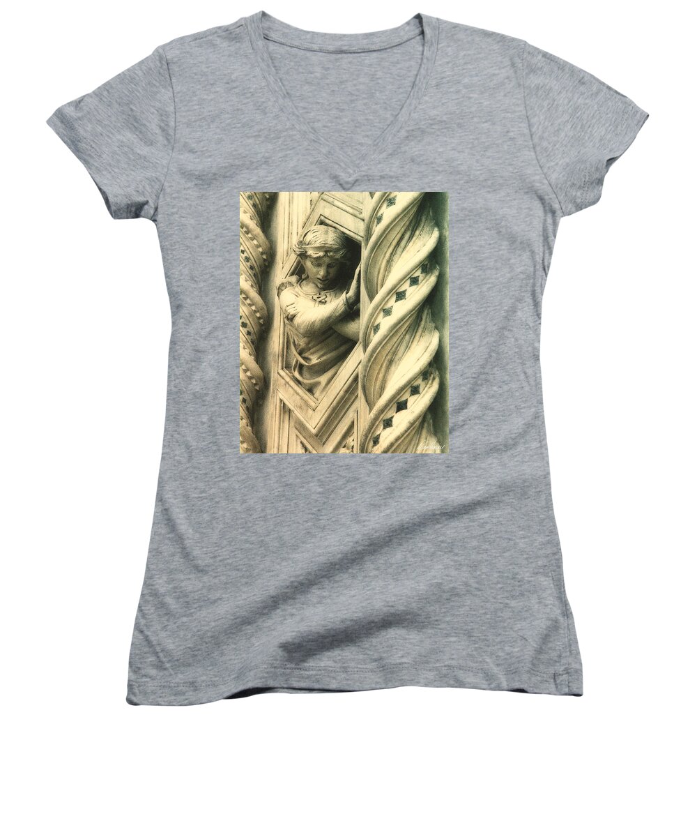 This Angel Graces The Outer Wall Of Basilica Di Santa Maria Del Fiore In Florence Italy. Women's V-Neck featuring the photograph Angel of the Basilica by Diana Haronis