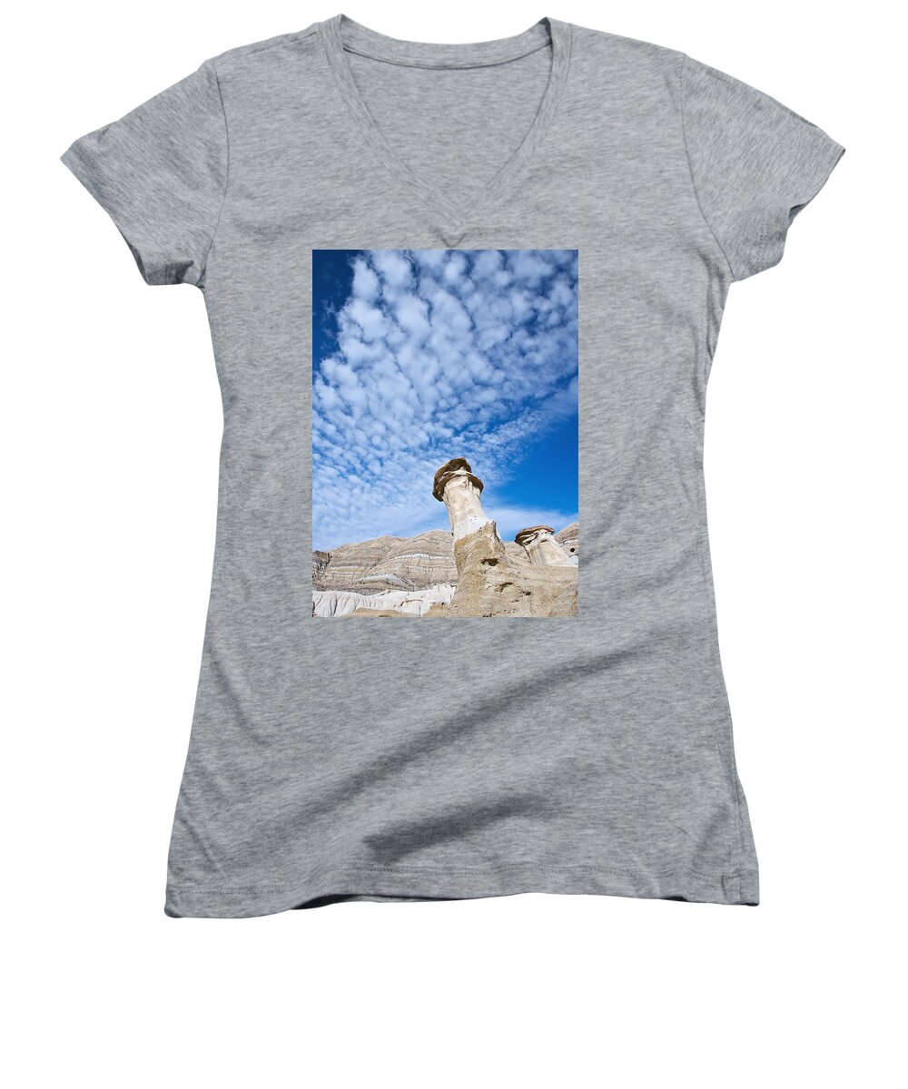 Hoodoos Women's V-Neck featuring the photograph Angled Hoodoo And Clouds by David Kleinsasser