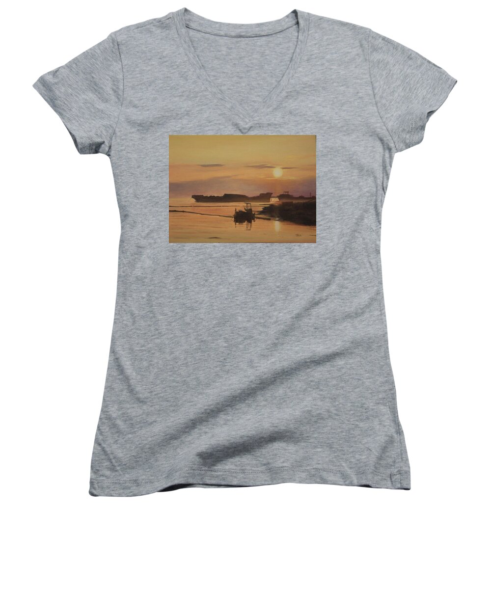 Pacific Ocean Women's V-Neck featuring the painting At The End Of It's Day by Tammy Taylor