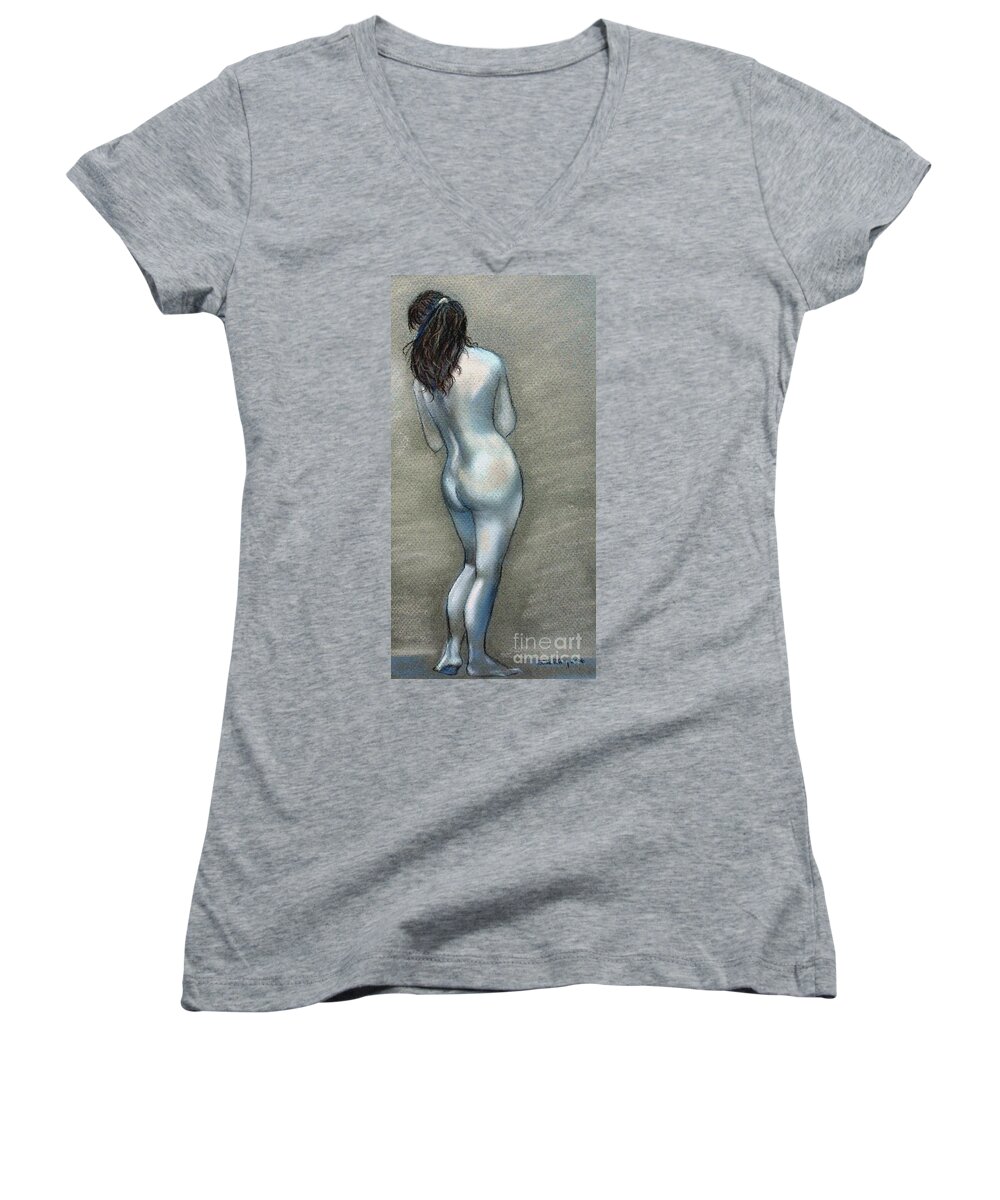 Nude Women's V-Neck featuring the drawing Bath Time by Julie Brugh Riffey