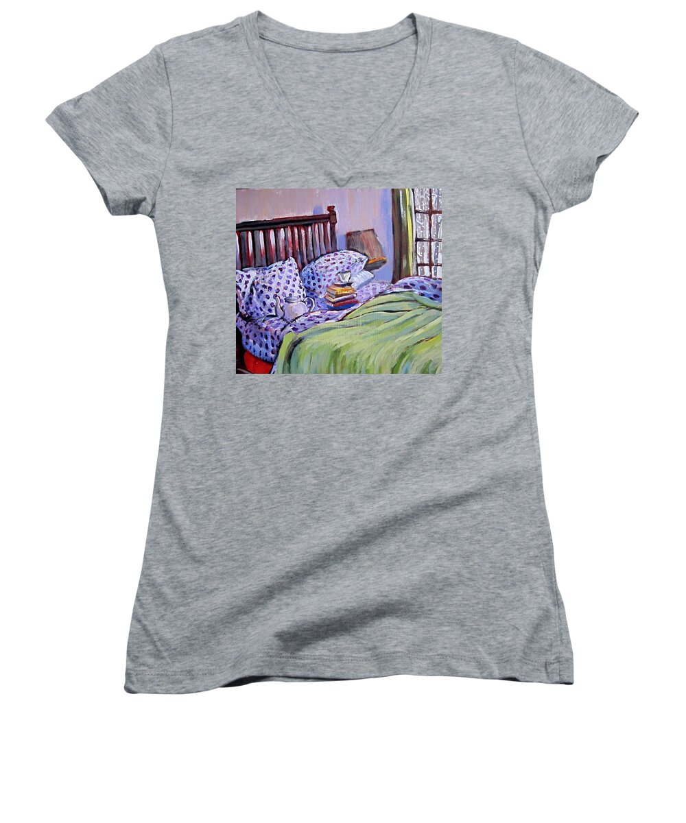 Bed Women's V-Neck featuring the painting Bed And Books by Tilly Strauss