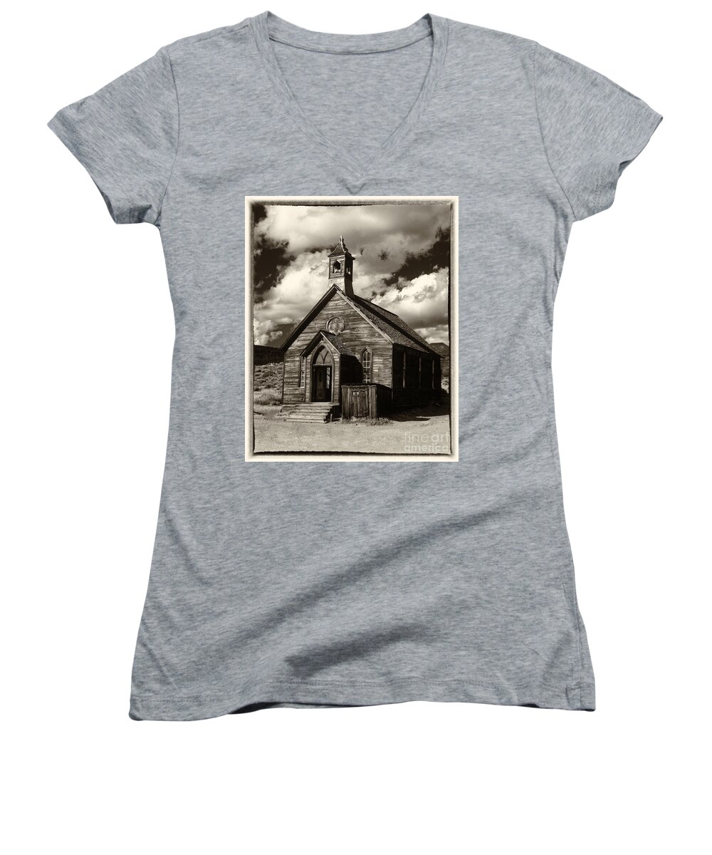 Bodie Women's V-Neck featuring the photograph Bodie Church Sepia by Jim And Emily Bush