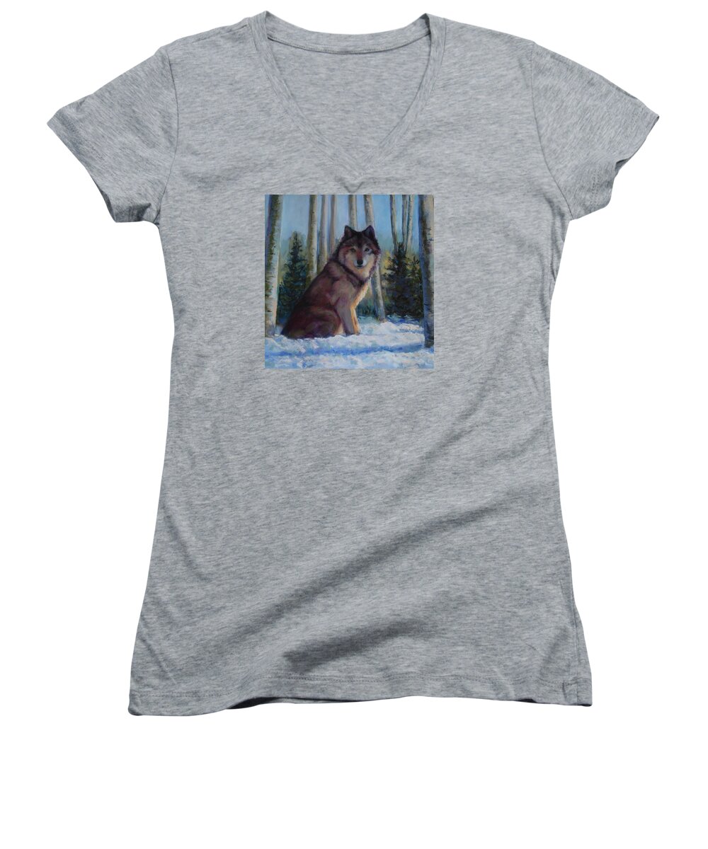 Wolf Women's V-Neck featuring the painting Captured by the Light by Billie Colson